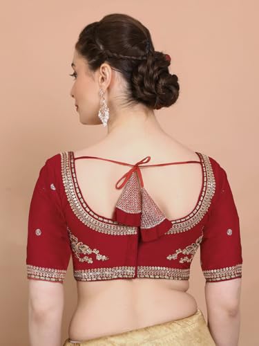 S SALWAR STUDIO Red Silk Sweetheart Neck Embroidered Readymade Alterable Padded Saree Blouse
