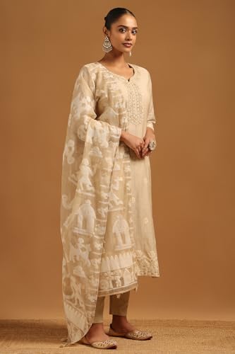 Soch Womens Beige Linen Floral Salwar Suit With Thread Work