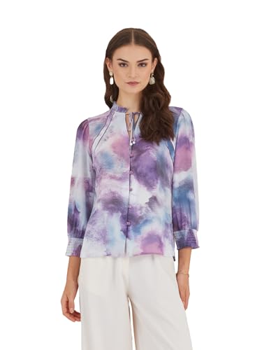 Latin Quarters Women Purple 3/4Th Sleeves Tie Neck Printed Top for Casual_XXL