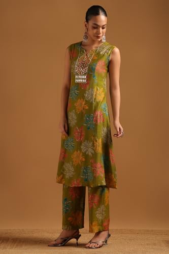 Soch Womens Light Green Desert Storm Floral Print Co-Ord Set With Mirror Work