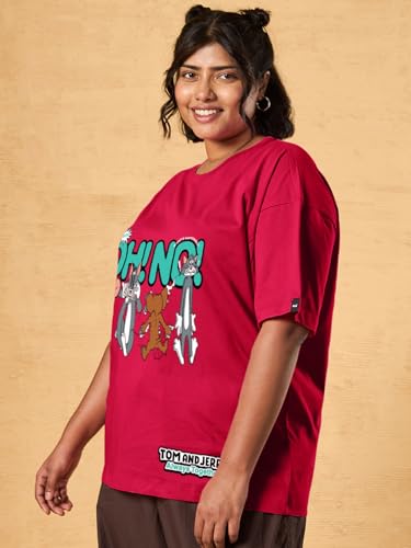 Bewakoof Official Tom & Jerry Merchandise Women Graphic Print Oversized Fit Half Sleeve Round Neck Cotton Jersey Plus Size Tshirt_654543_Red_6XL