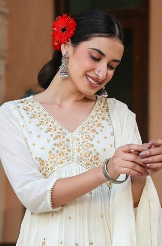 Janasya Women's Off White Pure Cotton Embroidered A-line Kurta Set (JAA25ST02097-S)