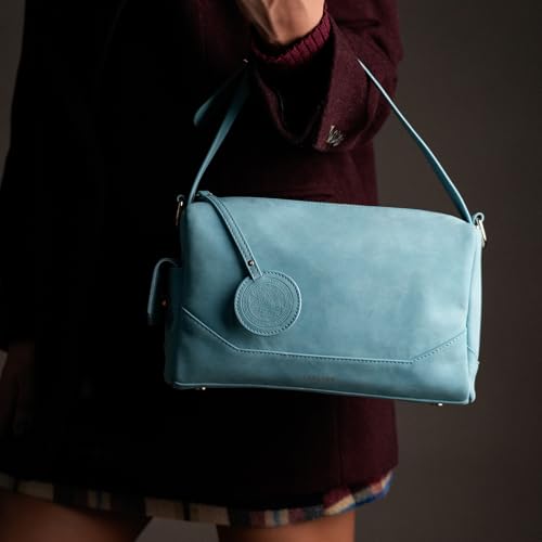 Theater Bonbon Sky Blue Vegan Leather Crossbody Duffle Bag for Women Structured Shoulder Handbag with Adjustable and Detachable Strap