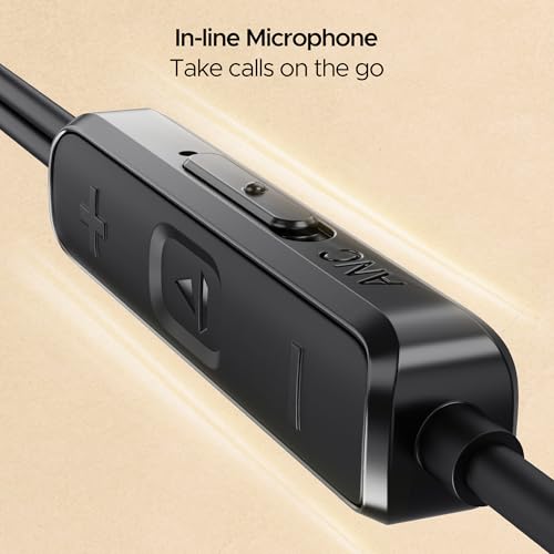 boAt BassHeads 122 ANC Wired in-Ear Earphones with 25dB Active Noise Cancellation, 13mm Drivers, Ambient Mode, Type-C Jack, in-Line Microphone, Snug Fit & Multi-OS Compatibility(Black)