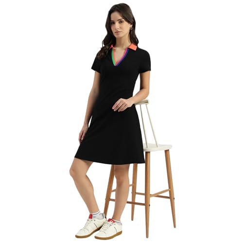 United Colors of Benetton Johny Collar Solid A-Line Dress (Size: M) - 26P3E89W3F67I100 Black