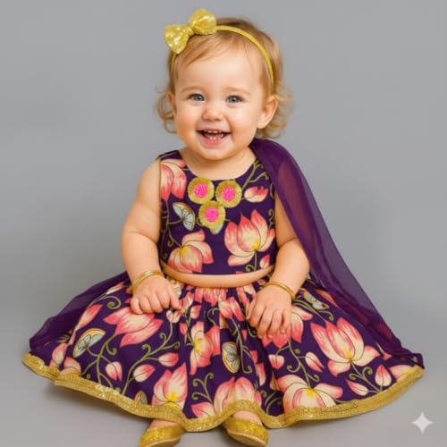 A.T.U.N. (ALL THINGS UBER NICE) Baby Girls Cotton Ethnic Floral Lehenga Choli Set with Lace & Dupatta | Traditional 3-Piece Festive Outfit for Kids