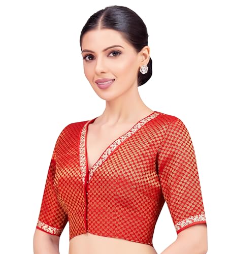 Studio Shringaar Women's Red Brocade Embroidered V-Neck Readymade Saree Blouse (Red, 46)