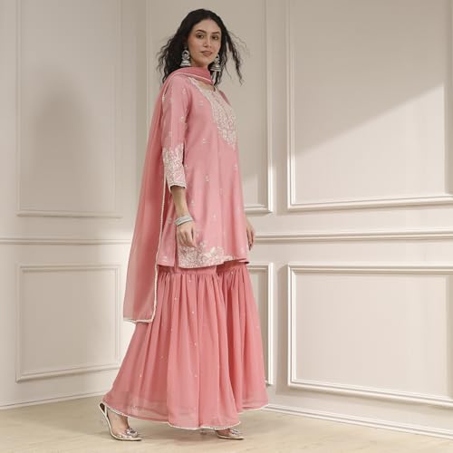 BIBA Women Light Pink Cotton Silk Embroidered Straight Suit Set_42
