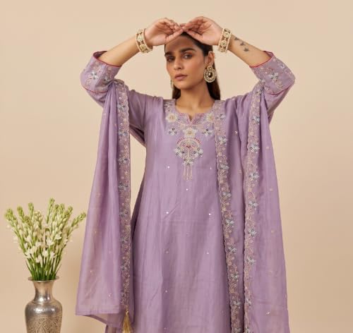 Women's Embroidered Silk Blend Kurta With Palazzo And Dupatta