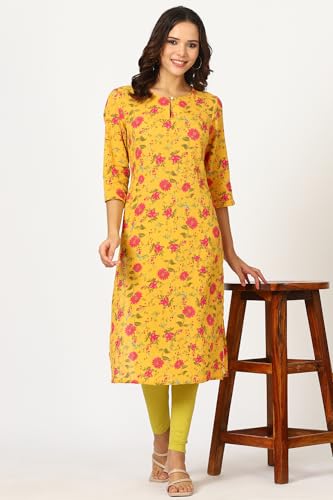 W for Woman Yellow Floral Printed Pure Cotton Kurta (Size: S)-24AUW12020-124771