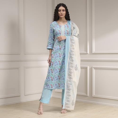 Biba Women Turquoise Chanderi Handloom Unstitched Suit Set FREE SIZE