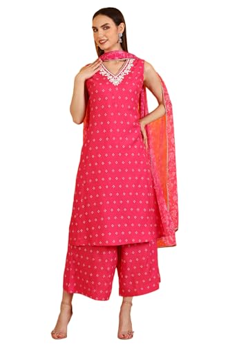 W for Woman Pink Embroidered Shantung Sleeveless Kurta, Cropped Pants and Dupatta Set (Size: M)-WS12730-125179