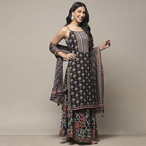 BIBA WOMEN PRINTED STRAIGHT SALWAR KURTA DUPATTA(SKDPOSHINA9037_BLACK_40)