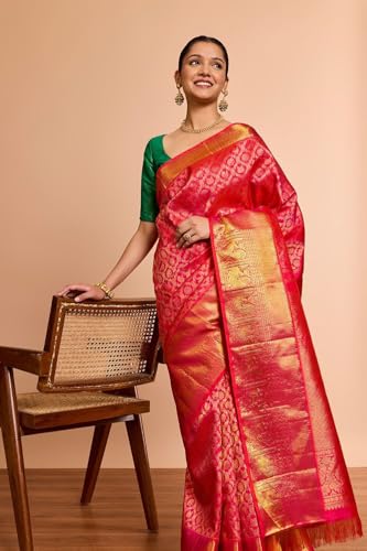 Taneira Women Pink Pure Silk Woven Kanjeevaram Saree With Unstitched Blouse Piece (SAPH01AC5026-Pink)