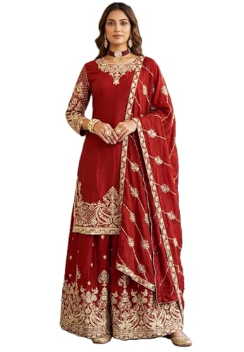 Leeli Peeri Designer Women's Chinon Silk Embroidery Kurta Sharara and Dupatta Set