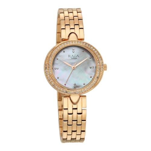 Titan Raga Showstopper 5.0 Quartz 3 Hands Round White MOP Dial, Rose Gold Strap Watch for Women - 95463WM01