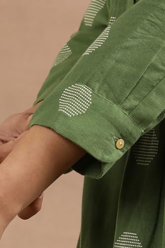 W for Woman W Women Green Polka Print Cotton Flax Flarred Dress_24FEW11081-313885_S