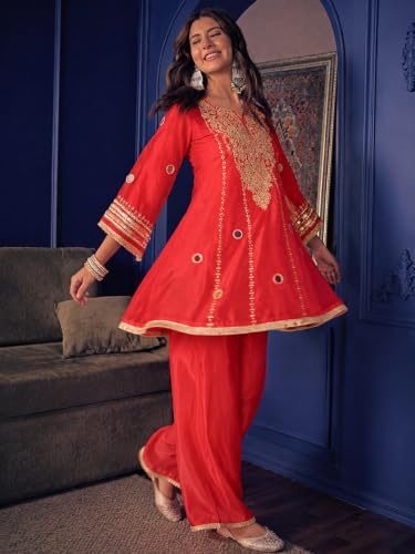 Women's Silk Crepe Kurta Set With Pant, Mirror Work