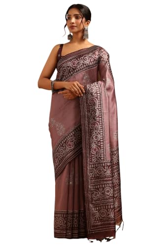 Soch Womens Onion Pink Tussar Kantha Embroidered Saree With Faux Mirror