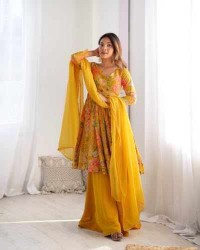 Leeli Peeri Designer Women's Roman Silk Printed Flared Kurta Palazzo And Dupatta Set