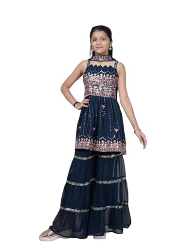 DIGILINE Girls Sharara Set Blue Georgette Embroidered Kurti Sharara Dupatta | Sleeveless Square Neck Anarkali Style Ethnic Set for Girls