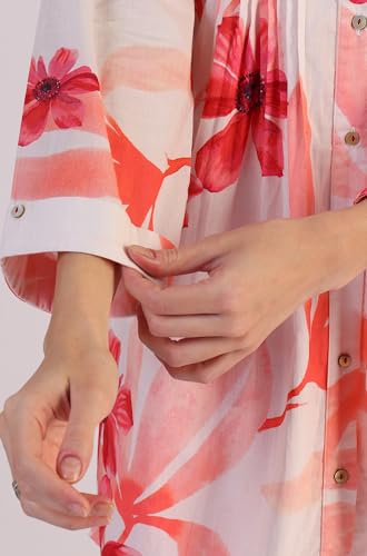 W for Woman White Bold Floral Printed Pure Cotton Tunic and Straight Pants Co-ord Set (Size: S)-WS31237-125407