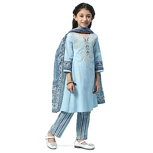BIBA Cotton Girl Printed Straight Kid Kurta Set With Dupatta (Kw5000_Powder Blue_3)