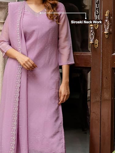TRENDMALLS Women's Chanderi Siroski work Kurta Palazzo Set with Dupatta (G261-Purple-XXL)