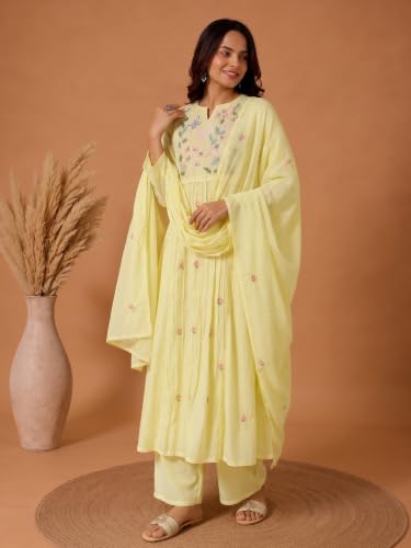 Varanga yellow embroidered muslin kurta set with dupatta