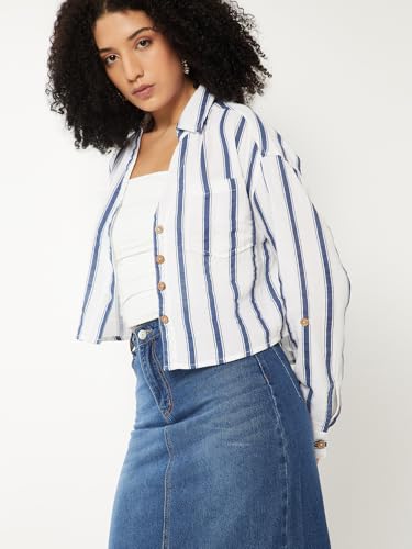 Max Women Striped Boxy Fit Crop Shirt(Blue_XL)
