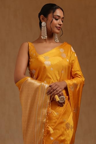Soch Womens Yellow Tussar Floral Zari Woven Saree