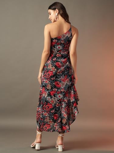 Trend Arrest.ed Women's Polyester Fit and Flare Midi Dress (D5378_Black 1_M)