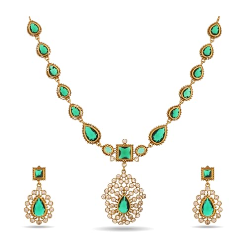 ZYRA JEWELS Celebrity Inspired Emerald Green AD Necklace Set | Gold Plated Kundan Style Traditional Designer Jewellery with Earrings for Women and Girls