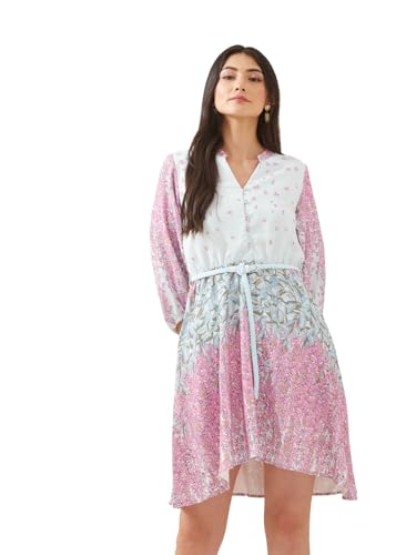 Latin Quarters Women Pink Mandarin Collar 3/4 Sleeves Fit & Flare Printed Casual Dress_XXL