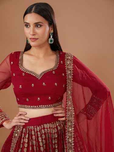 Zeel Clothing Women's Zari With Sequins Embroidered Work Organza Designer Lehenga Choli with Dupatta (7069-Red-Womens-Lehenga-Choli-Latest; Free Size) (Red)