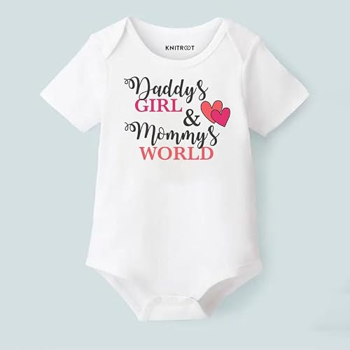 KNITROOT Dad Mom Family Special Onesies, Unisex Baby Kids Cotton Lycra Envelope Neck Half Sleeve White Romper, Bodysuit, Sleepsuit, Daddy's Girl Mommy's World, 3-6 Months, Infant Cloths