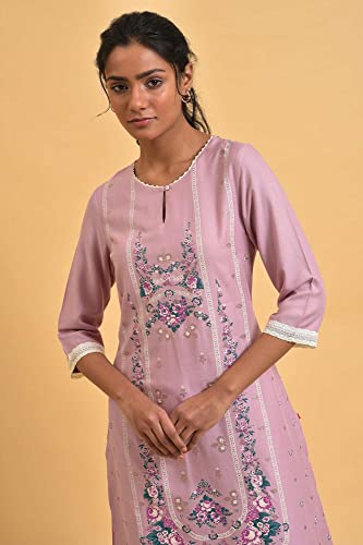 W for Woman Light Purple Floral Printed Lace Rayon Straight Kurta and Parallel Pant Set (ONWAS18662-120066-M)