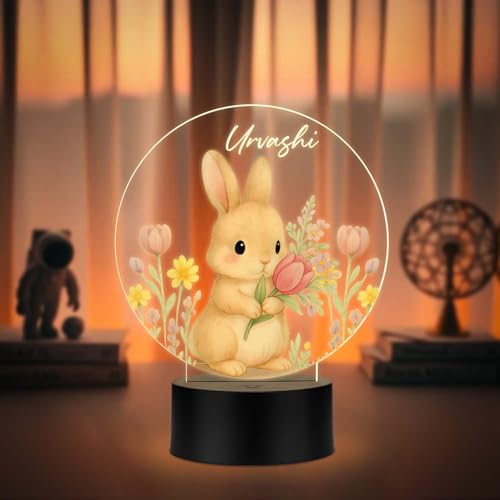 GIFTMEBAZAR Personalized Cute Rabbit Led Night Lamp with Warm White Light & USB Powered | Childrens Room Bedside Desk Lamp Birthday Return Bunny Theme Gift for Kids