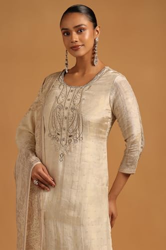 Soch Womens Beige Russian Silk Botanical Salwar Suit With Beads And Stones