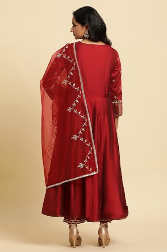 W for Woman Dark Red Zari Embroidered Festive Kurta, Pant and Dupatta Set_24AUWS10267-220298_XL