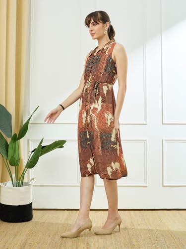 Latin Quarters Women's Rust Sleeveless Collar Neck Casual Printed Dress_S