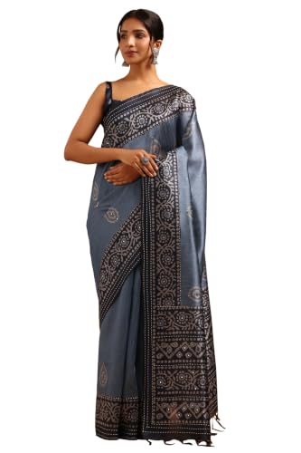 Soch Womens Blue Tussar Kantha Embroidered Saree With Mirror Work