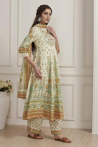 Biba Women Cream-Toned Cotton Printed Kalidar Suit Set_34
