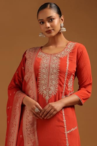 Soch Womens Rust Chinon Zari Embroidered Salwar Suit