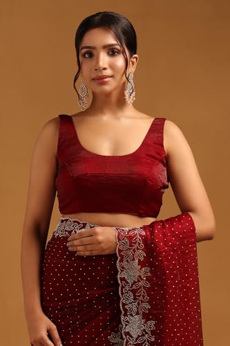 Soch Womens Maroon Fendy Organza Embellished Saree With Stone Work