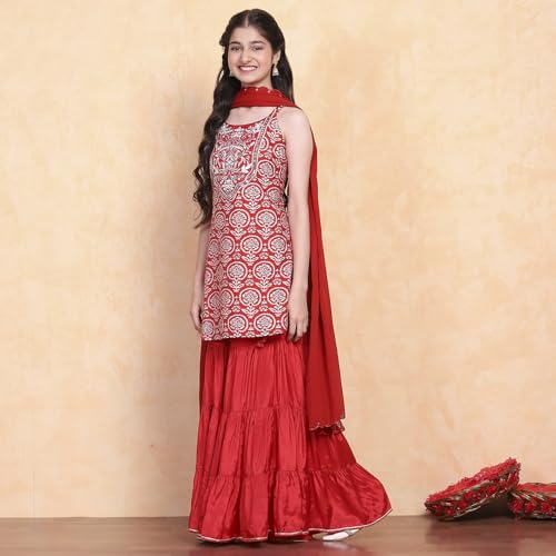 Biba Girl's Viscose Blend Kurta Set (KWSNKIS6318SS25RED_Red