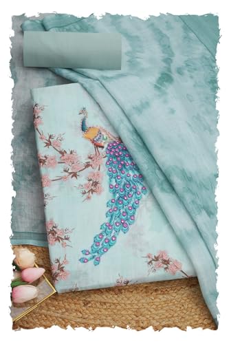 Soch Womens Turquoise Blue Linen Botanical Print Unstitch Dress Material With Sequins
