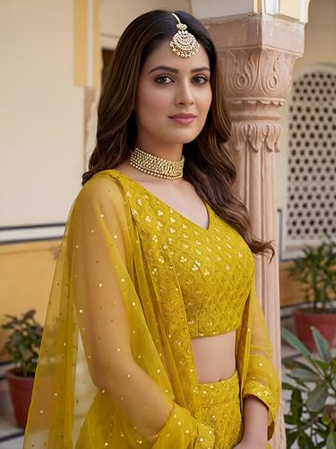 Zeel Clothing Women's Sequins Thread Embroidered Georgette Lehenga Choli With Dupatta (5124-Yellow-Women-New-Lehenga-Choli; Free size) (Yellow)