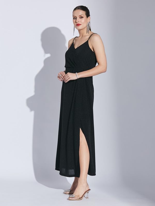Latin Quarters Women Black V-Neck Sleeveless Solid Dress_M