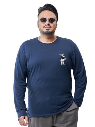 Bewakoof Men's Graphic Print Regular Fit Full Sleeve Round Neck Cotton Plus Size T-Shirt_694240_Blue_5XL